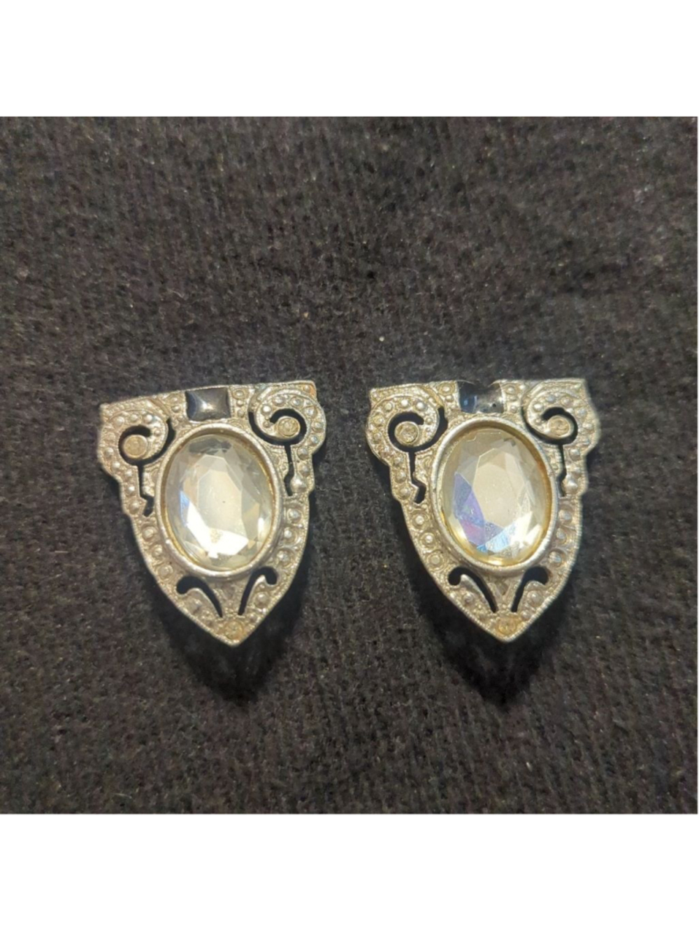 Vintage Silver Tone Clear Oval Rhinestone Triangle Clip On Statement Earrings